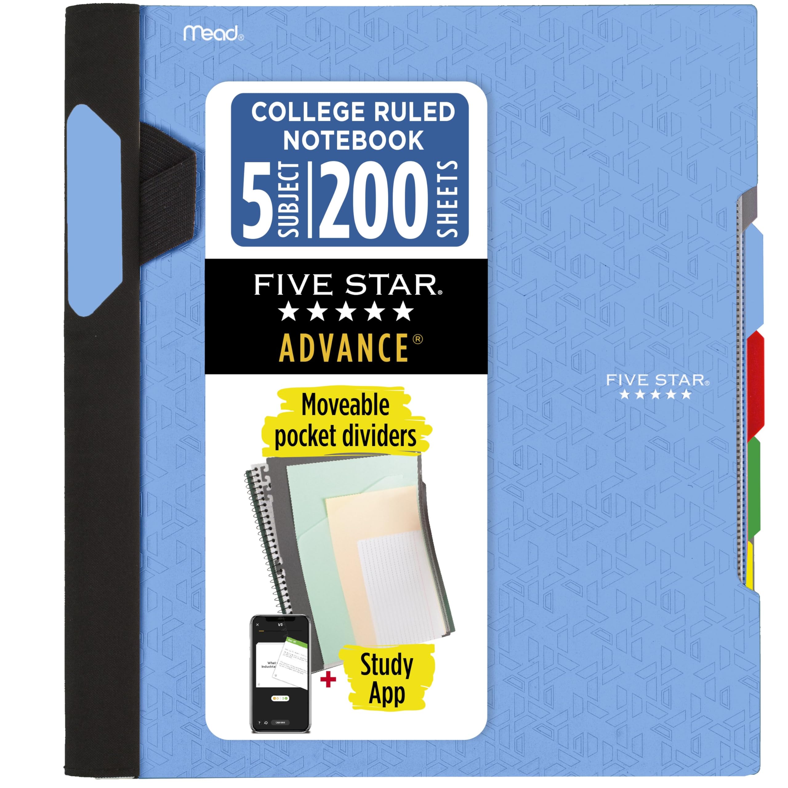 Five Star Spiral Notebook + Study App, 5 Subject, College Ruled Paper, Advance Notebook with Spiral Guard, Movable Tabbed Dividers and Expanding Pockets, 8-1/2" x 11", 200 Sheets, Blue (73150)
