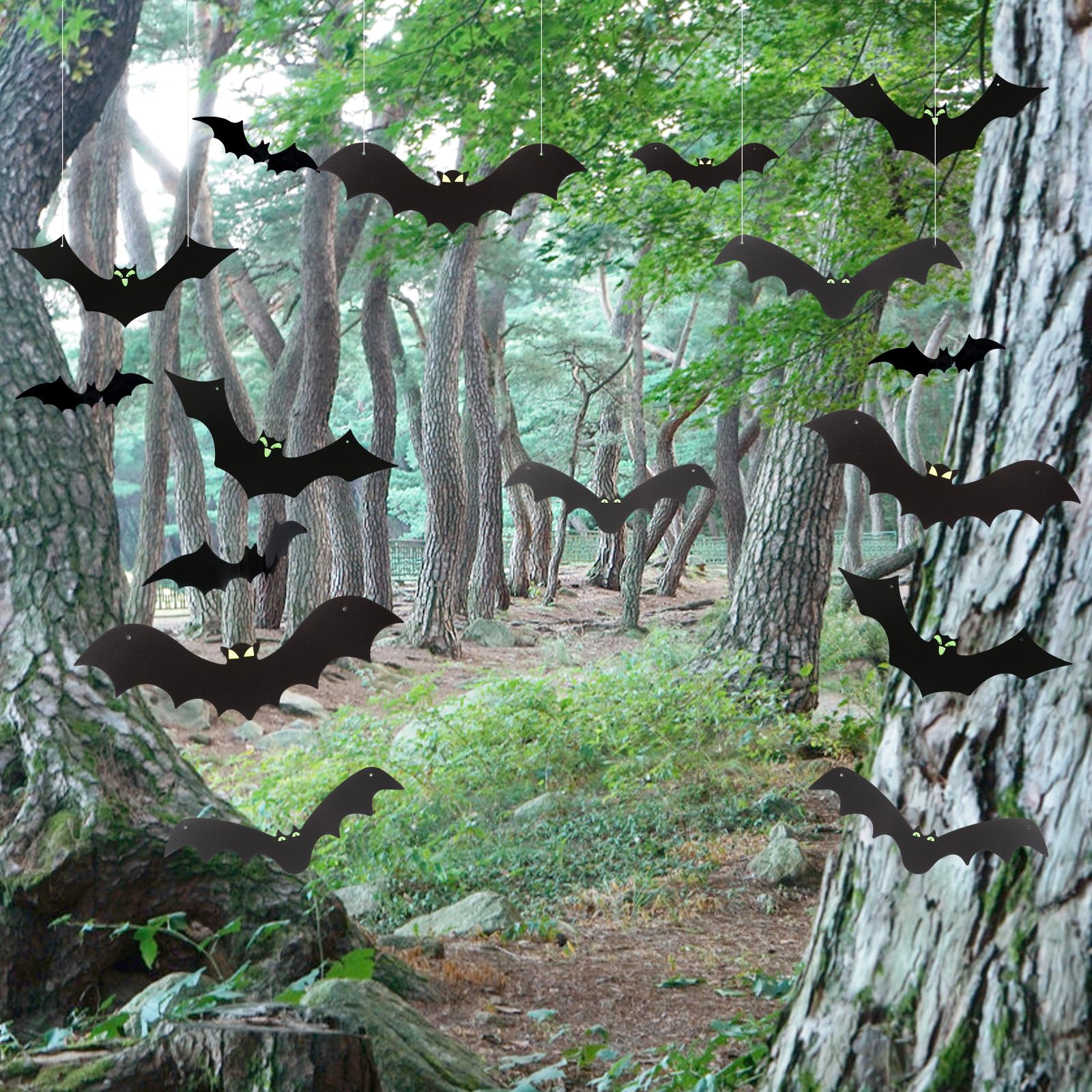 Photo 1 of 12 Pack Halloween Decorations Hanging Bats - 3 Style Scary Hanging Bat Set with 3D Bats Sticker, Outdoor Scary Flying Bats Set for Yard, Haunted House, Party - Indoor Outdoor Waterproof Decor