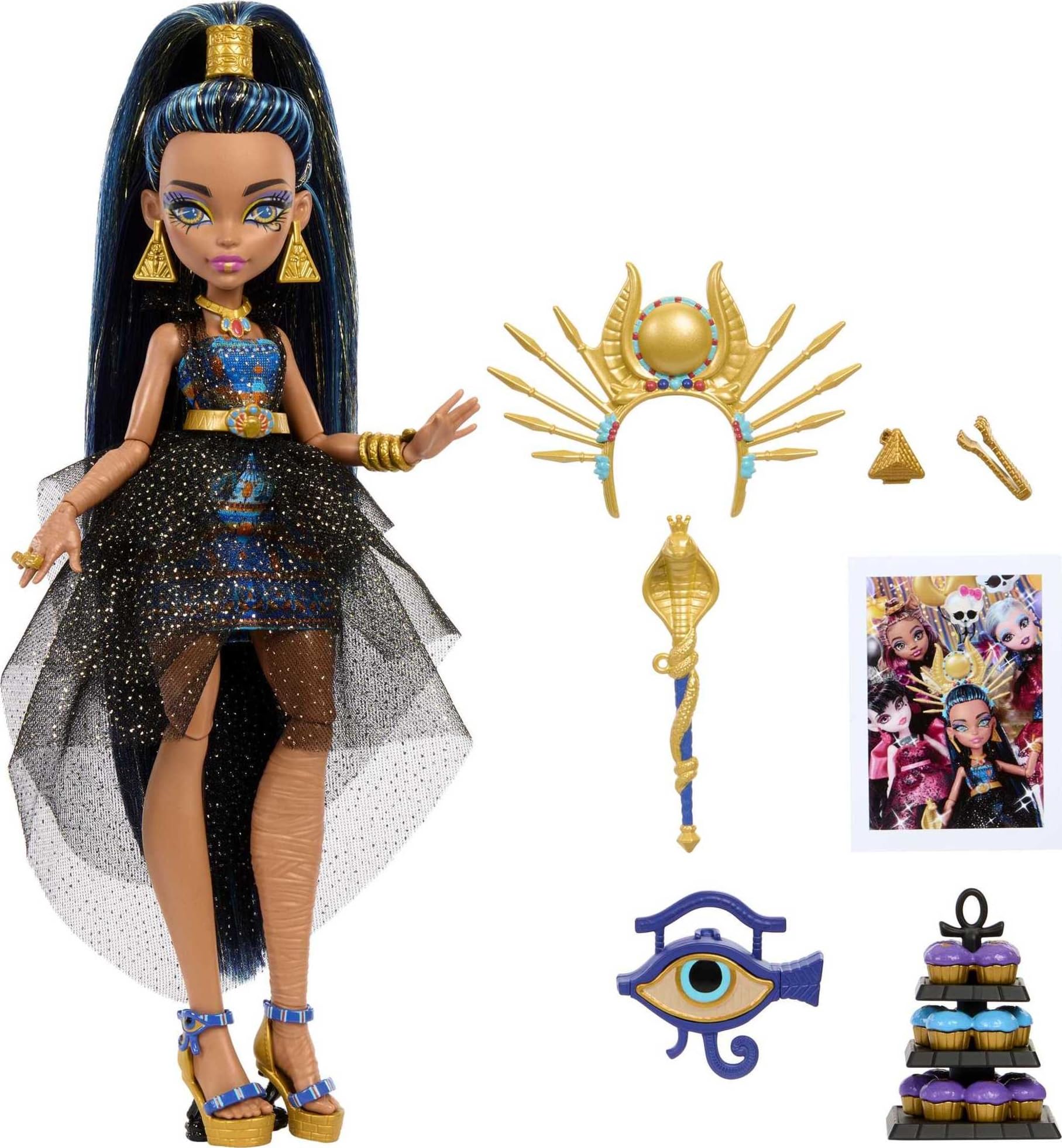 Muñeca Monster High Monster Ball, Cleo De Nile con vestido de fiesta y accesorios temáticos que incluyen cetro y cupcakes