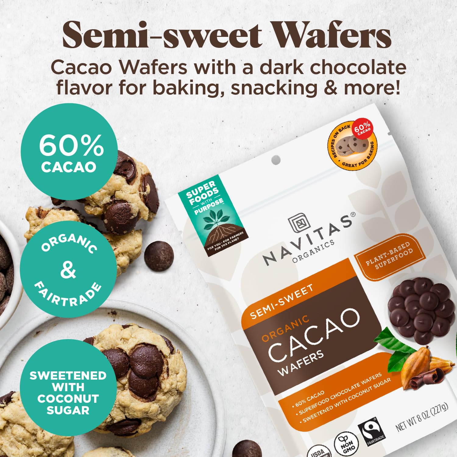 Navitas Organics Organic Semi Sweet Cacao Wafers, 8 OZ — Organic, Fairtrade, Non-GMO, Gluten-Free