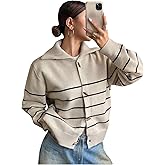 RoseSeek Women's Striped Button Down Cardigan Collared Long Sleeve Knit Sweater Retro Outerwear
