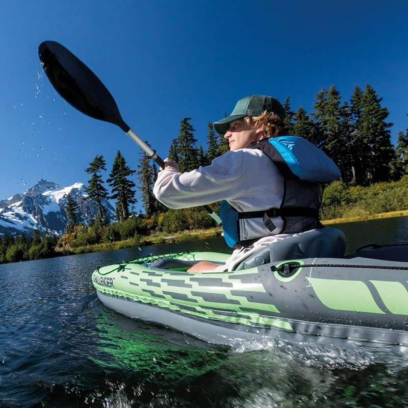 Challenger K1 Kayak 1 Man Inflatable Canoe with Aluminum Oars and Hand Pump, Green/Blue
