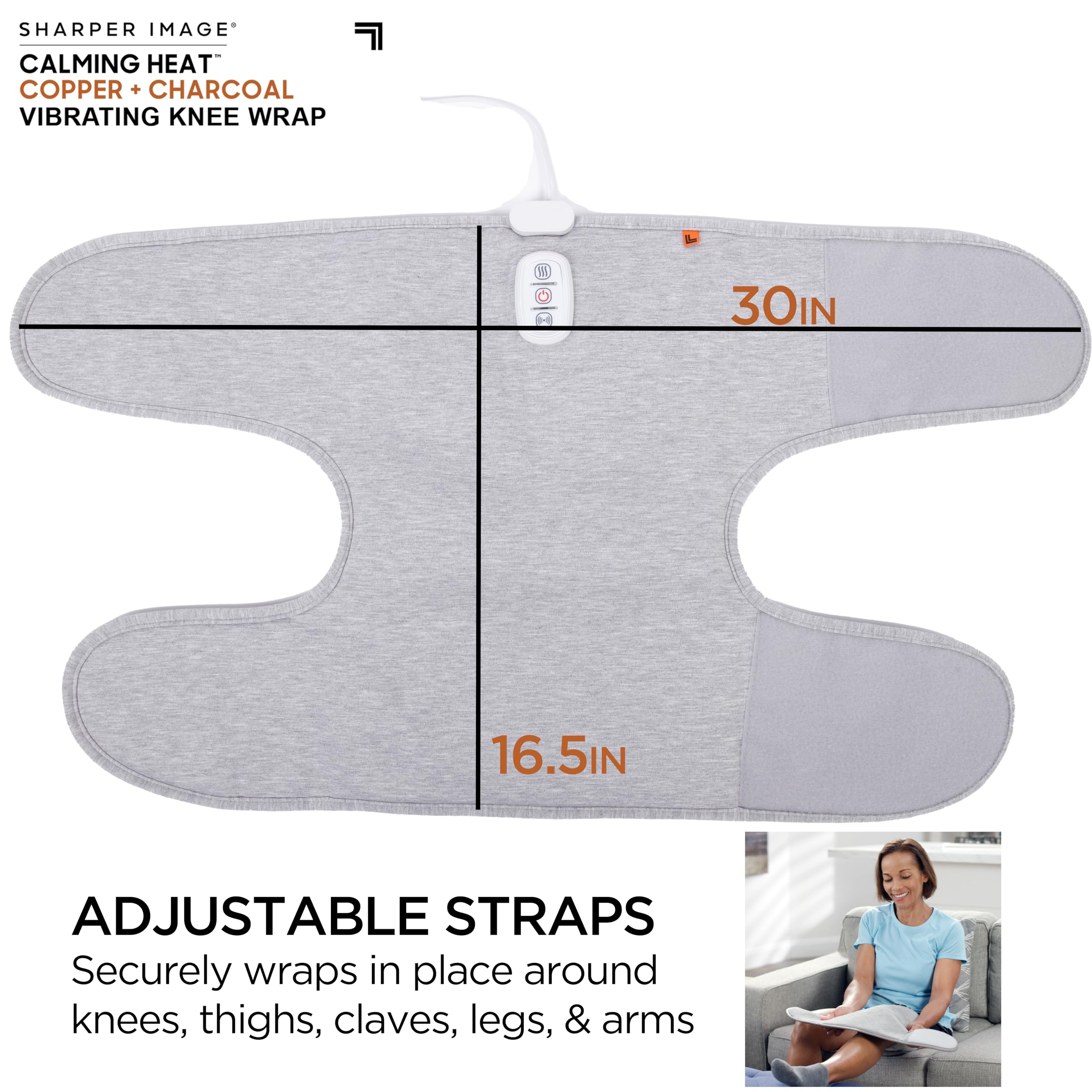 Calming Heat Knee Wrap by Sharper Image Personal Electric Heating Pad with Copper & Charcoal; Vibrations, 2 Heat & 5 Vibrating Massage Settings for 10 Relaxing Combinations