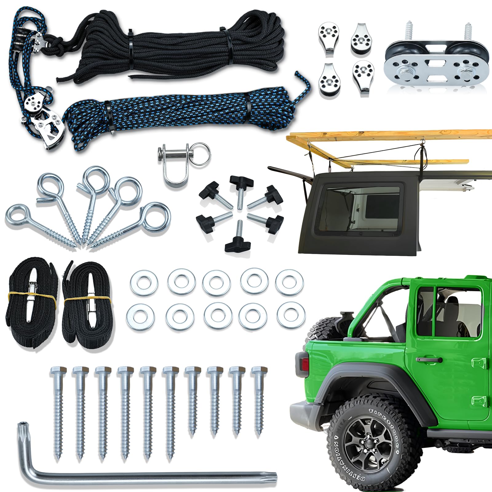 Photo 1 of Hard Top Removal Lift for Jeep Wrangler - Top Lift Hoist for Jeep JL JK Models and Ford, Single Person Operation Roof Lift, Safe Anti-Drop System, Supports 8-16 ft. Ceiling, Bonus 6 T Knobs