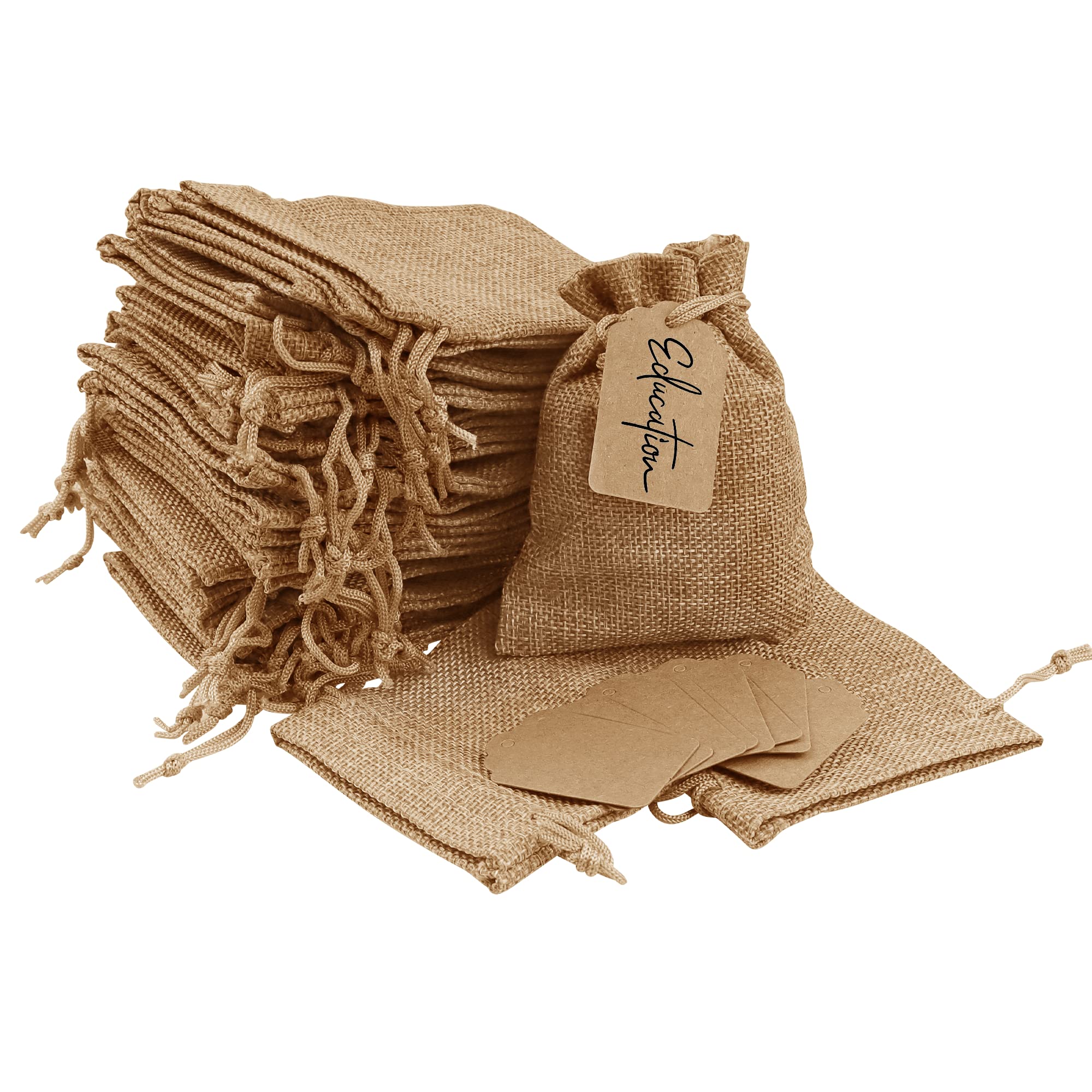 Lamondre 30 Pcs Burlap bag with Drawstring (9x12cm) Hessian Gift Bags with 30 Pcs DIY Tags Resusable Sack Gift Bags Small drawstring bags for DIY Craft - Brown