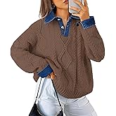 Soesdemo Womens Oversized Cable Knit Sweaters Chunky Long Sleeve Button Up Denim Polo Neck Knit Pullover Tunic Sweaters