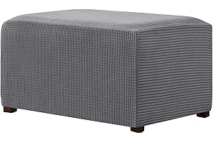 CHUN YI Stretch Ottoman Slipcover Rectangle Storage Stool Cover with Elastic Bottom, Checks Spandex Jacquard Fabric (X-Large, Light Gray)