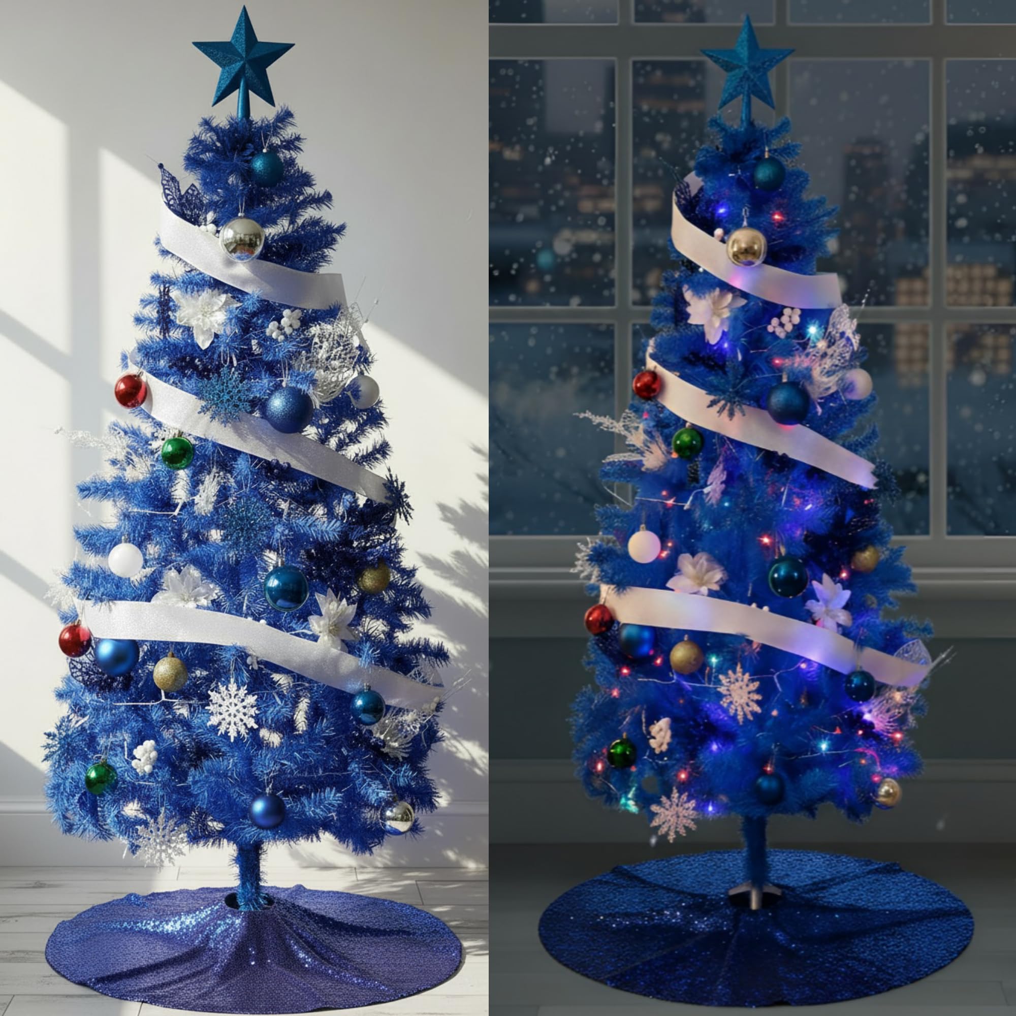 Photo 1 of Lunmon 60 Pcs 6ft Half Christmas Tree with Ornaments and 150 LED Lights Artificial Half-Shape Christmas Tree with Poinsettia Berry Picks Topper Star Balls for Xmas Holiday Decoration(Blue)