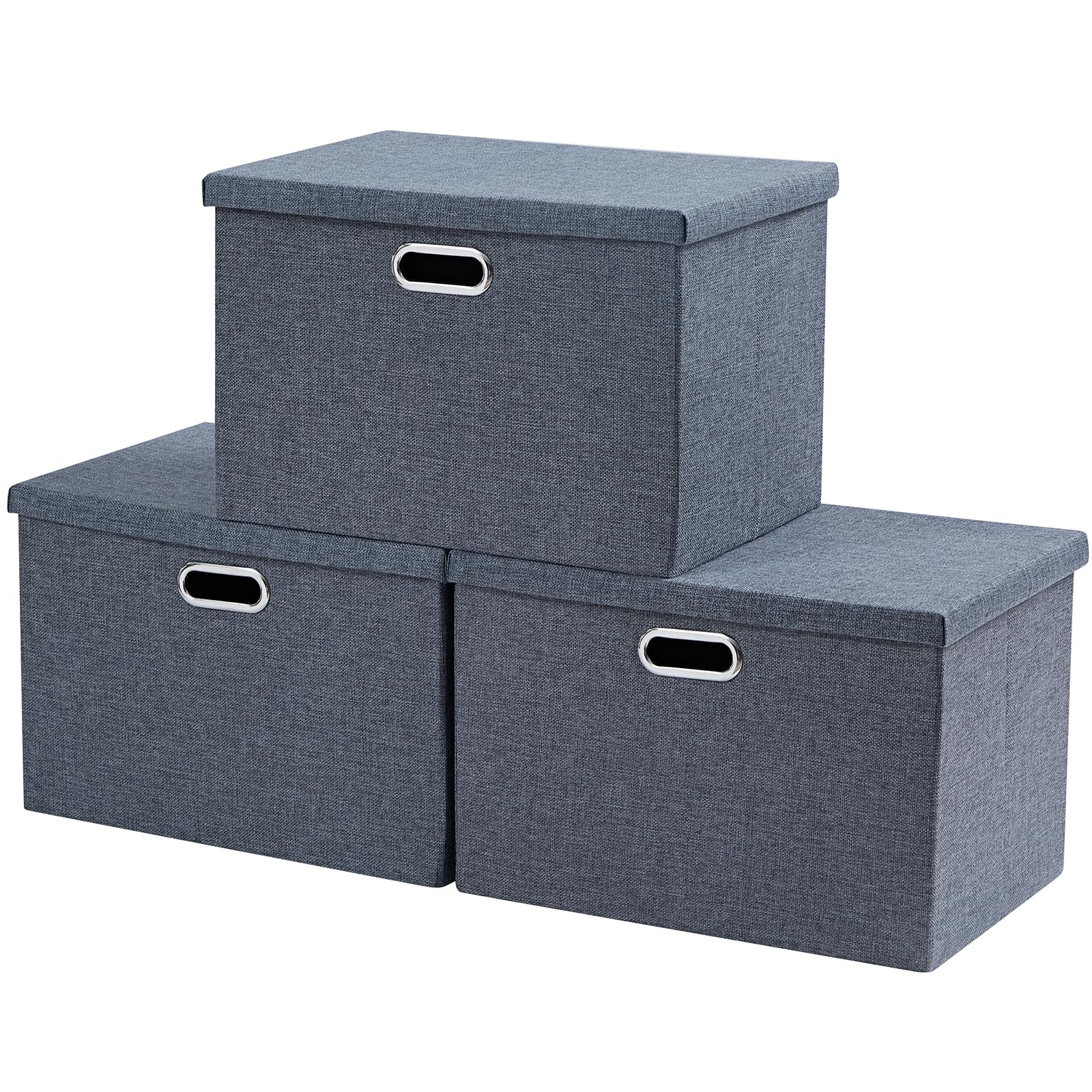 AlphaHome Fabric Storage Box with Lid, Collapsible Linen Fabric Storage Baskets with Galvanized Metal Handle, Set of 3 (Slate Grey, XLarge - 3 Pack)