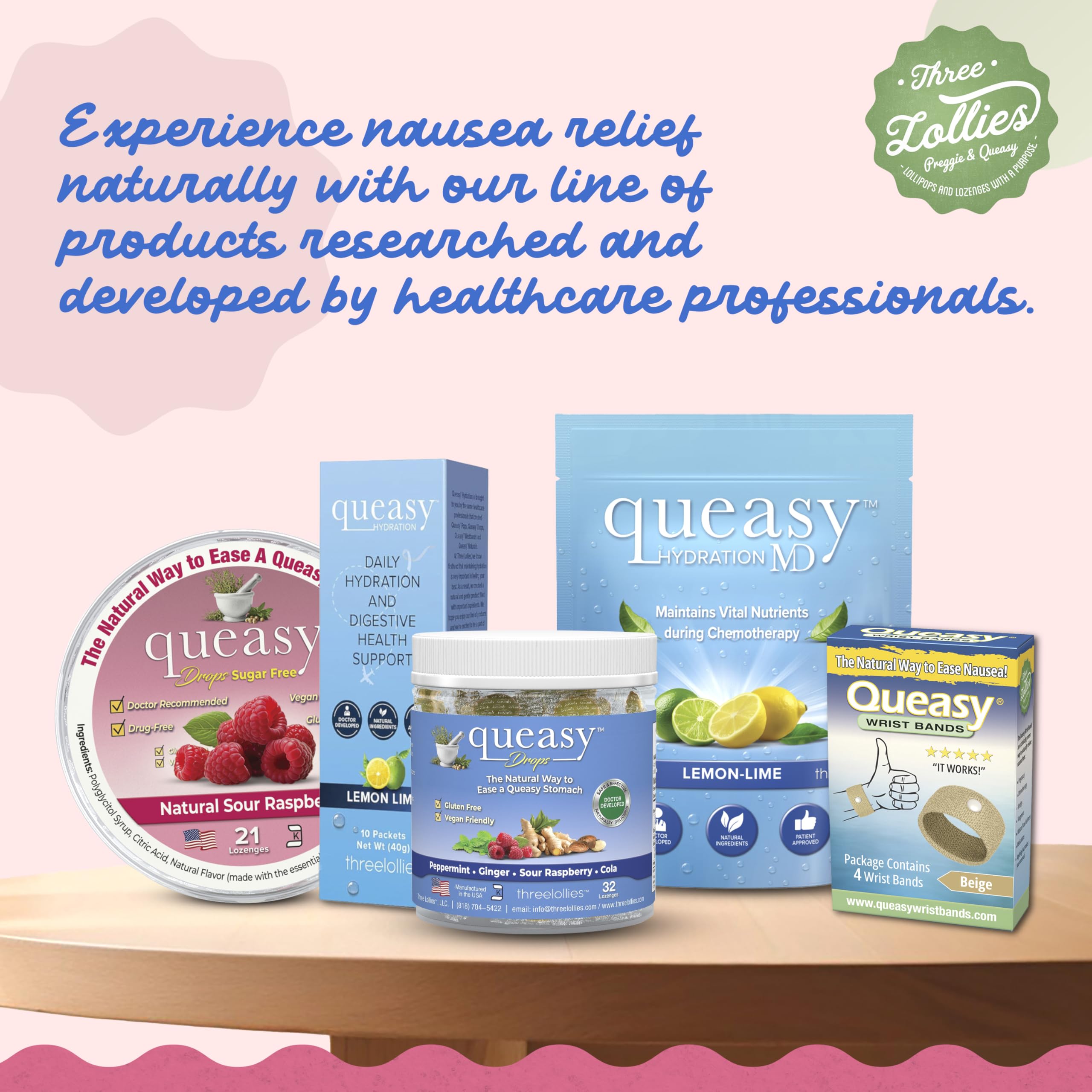 Three Lollies Queasy Drops Sugar Free - Natural Sour Raspberry Flavor - Ease Chemotherapy Nausea & Travel Sickness - Alleviates a Dry Mouth - Natural Ingredients - 21 ct