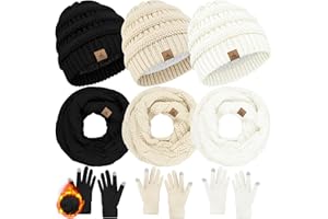 LOROME 3 Set Winter Beanie Hat Scarf Gloves, Warm Fleece Knit Winter Hats Touch Screen Gloves Neck Scarf Set Winter Gifts Women