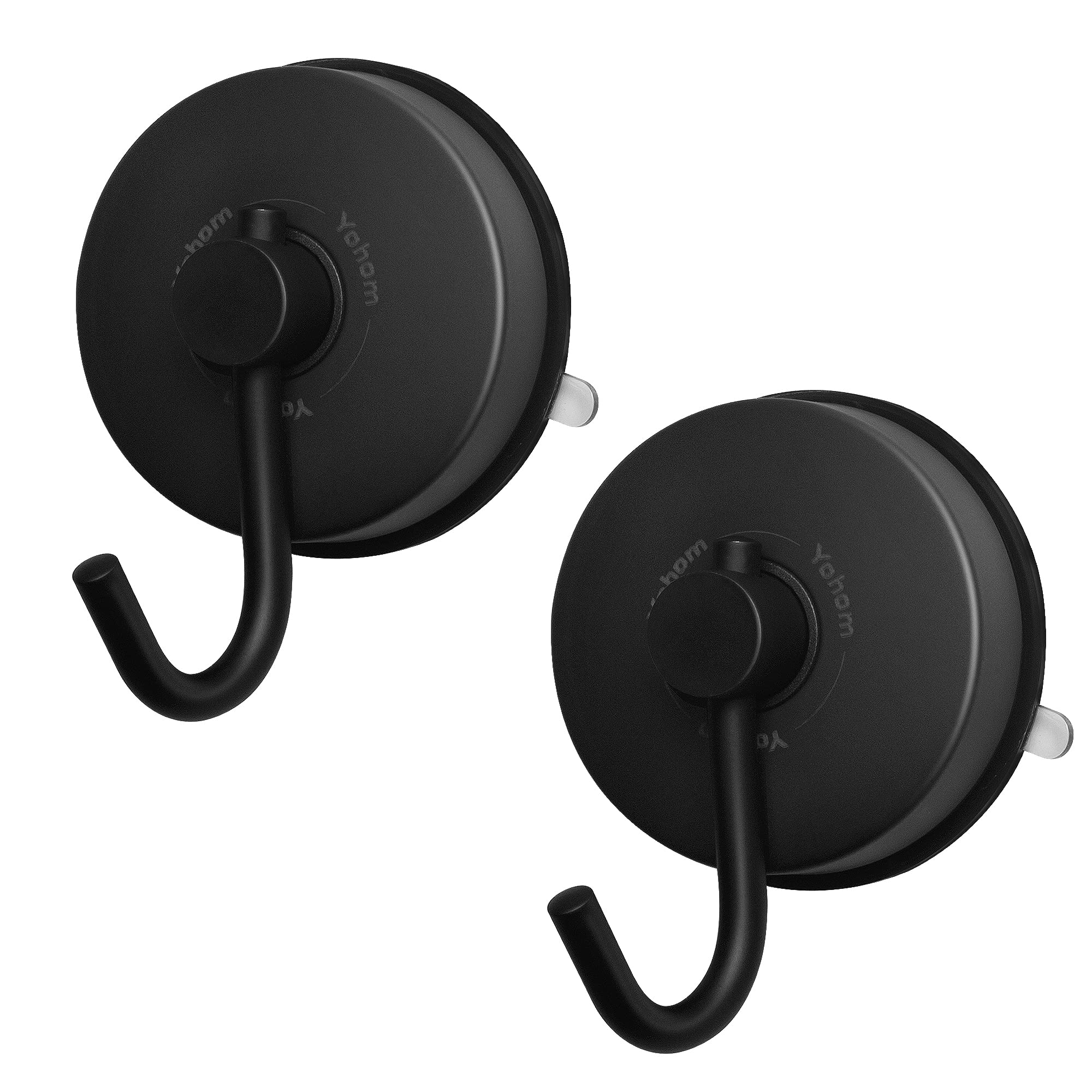 YOHOM Stainless Steel No Drill Vacuum Suction Hooks for Bathroom Kitchen - Sucker Shower Hook Suction Towel Holder Coat Hook Heavy Duty Matte Black 2Pcs