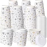 Shinymoon 50 Pack Winter Paper Coffee Cups with Lids 12 oz Snowflake Disposable Drinking Cups Insulated Corrugated Ripple Wall Drinkware for Xmas Winter Holiday Party Supplies (Gold,Silver)