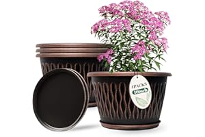 Usocik 4 Pack 10 Inch Retro Plant Pots, Vintage Striped Flower Pots with Drainage Hole & Saucer, Large Plastic Planters for Indoor and Outdoor Plants, Decorative Garden Pots(Copper)