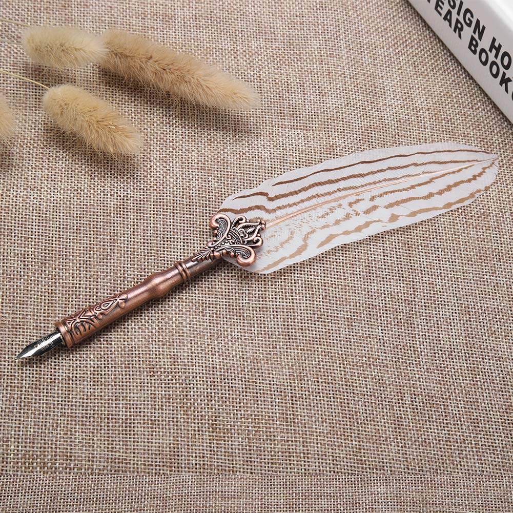 Lazmin Retro Classical Quilling Pen, Calligraphy Feather Dip Quill Pen Writing Ink Set Stationery Gift Box with 3 Nibs, quill pen and Ink Bottle(White)