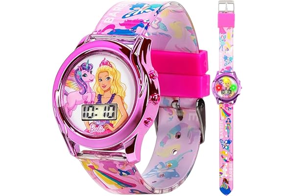 Mattel Barbie Kids Digital LCD Watch with Curved Bezel, Flashing Dial Lights and Printed Pink Strap Featuring Barbie and Unicorn Graphics Ages 4+ Fits Wrists 5.5"-8"