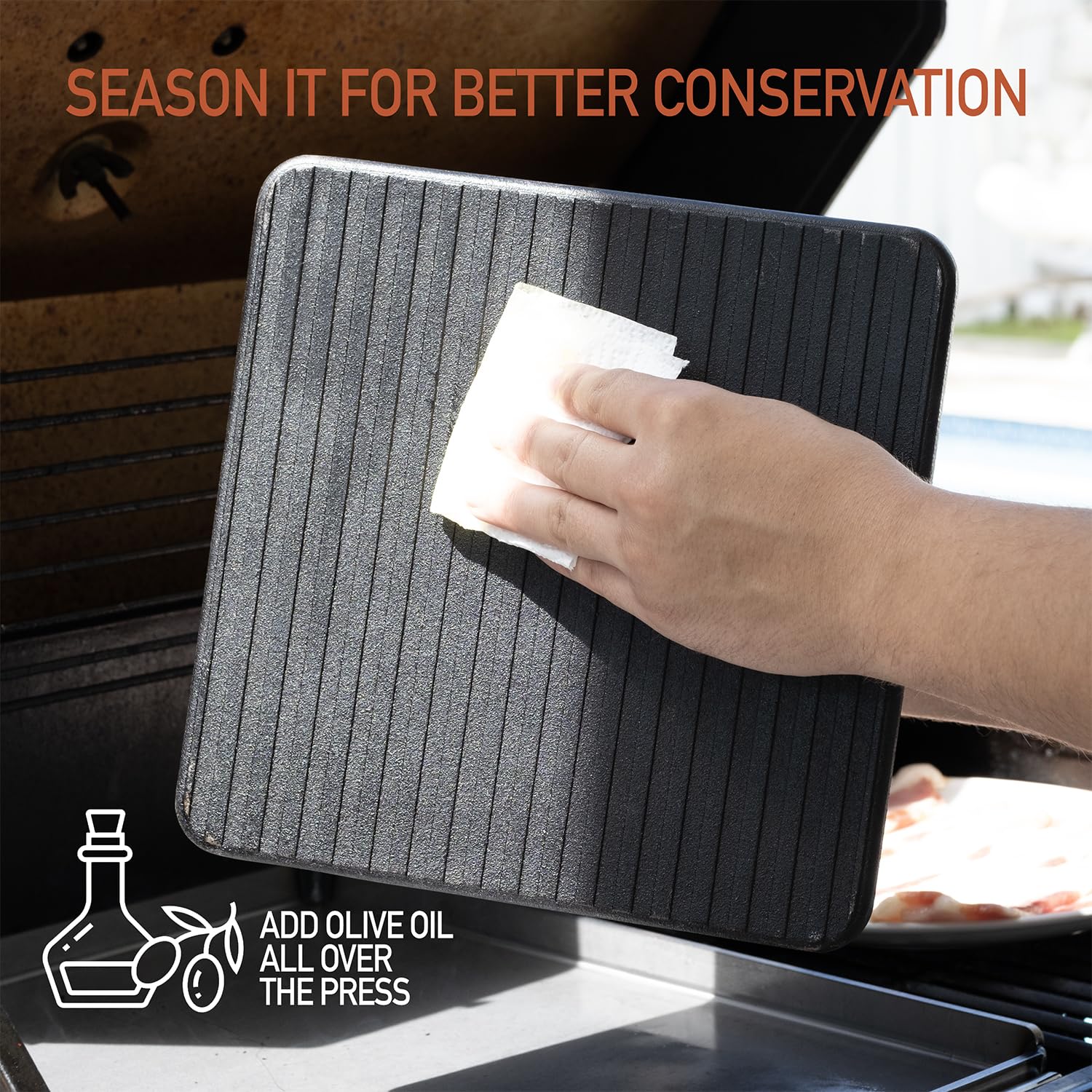 The Beef Master Cast Iron Grill Press - XL Burger Press, Pre-Seasoned Griddle Press, Heavy Duty Meat Press for Bacon, Burgers, and Steak with Cool Touch Handle - 10”x10”x4”