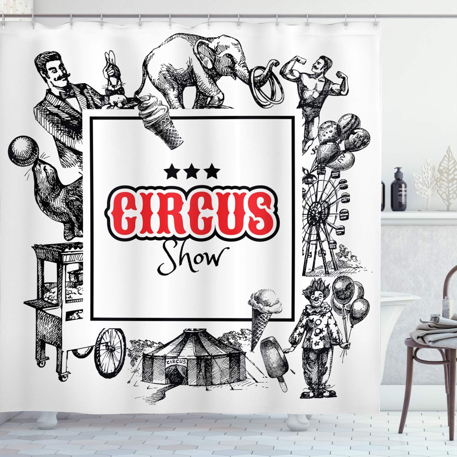 Amazon Com Ambesonne Vintage Shower Curtain Circus Show Logo With Magician Elephant Creepy Tricks Performance Sketchy Artwork Fabric Bathroom Decor Set With Hooks 75 Inches Long Orange Black Home Kitchen