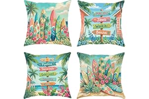 Surfboards Throw Pillow Covers Set of 4, Tropical Beach Flowers Palm Trees Summer Turquoise with Hidden Zipper Accents Pillow