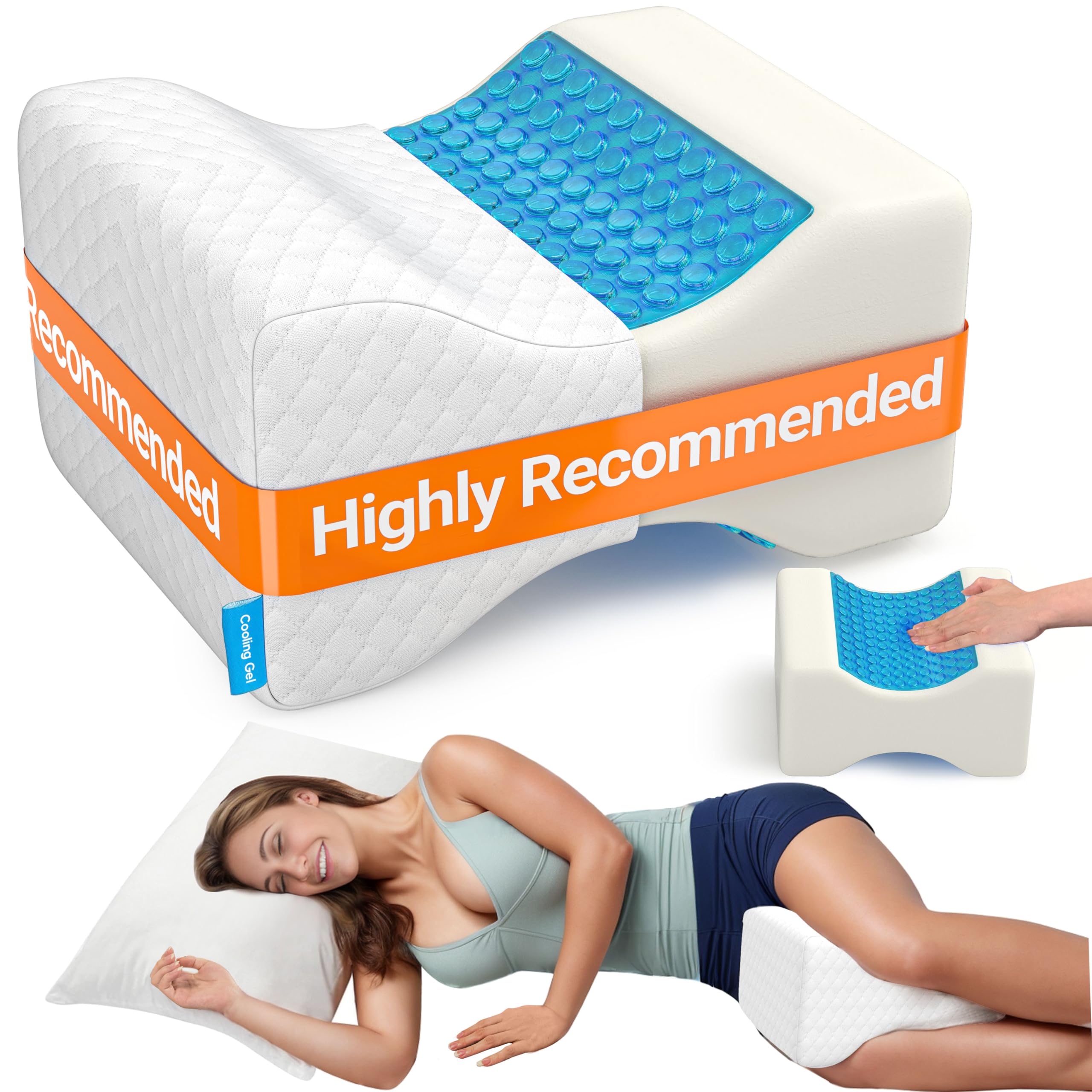 CloudBliss Knee Pillow for Side Sleepers-Cooling Leg Pillow for Side Sleeping, Memory Foam Knee Pillow for Hip Pain, Lower Back Pain, Sciatica Pain, Knee Wedge Pillow with Contour Design, White