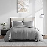Vera Wang - Queen Comforter Set, Soft Cotton Bedding w/Smooth Cotton Percale Reverse, Lightweight for Year Round Comfort, 3 Piece Bed Set w/Matching Pillowcases (Woven Tucks Grey)