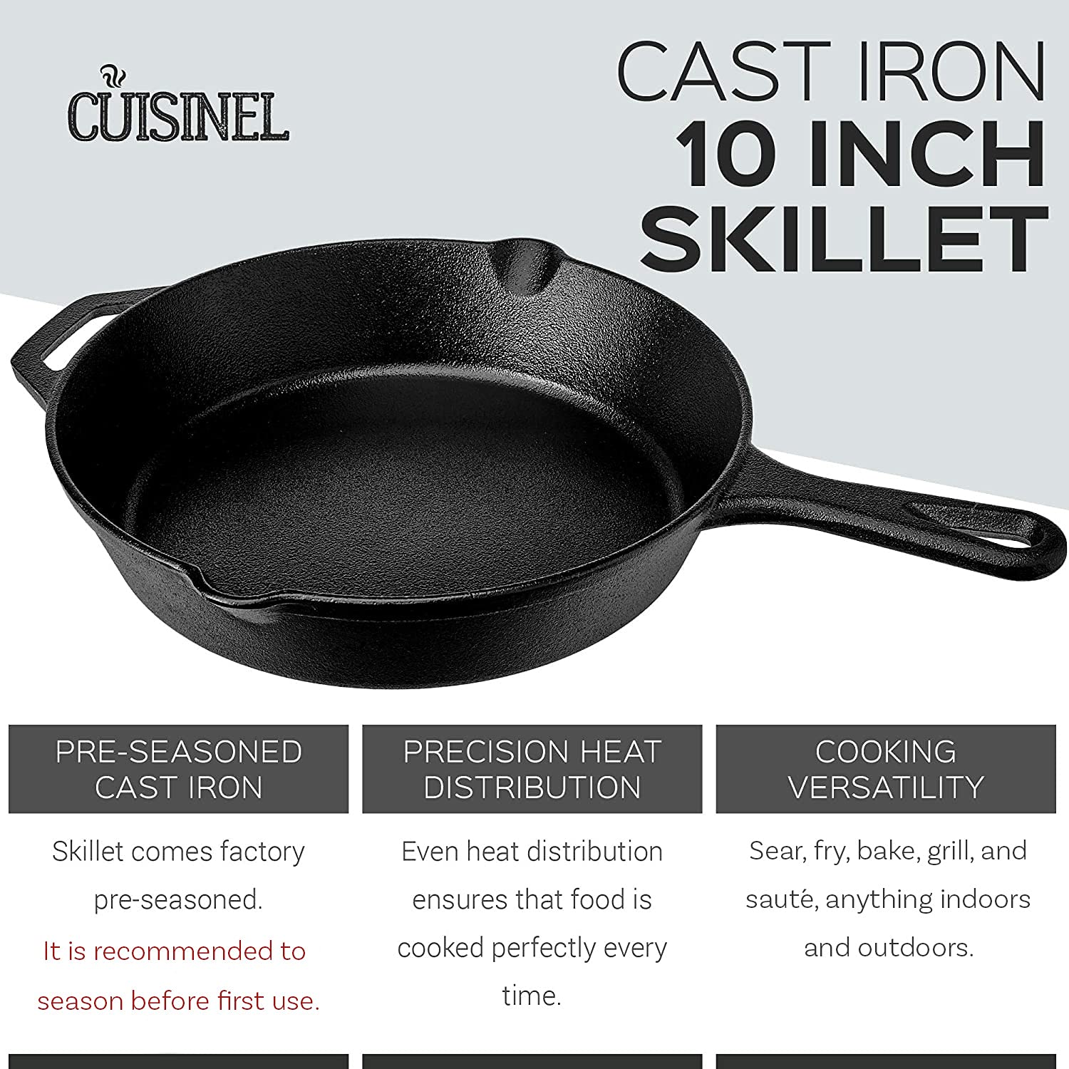 Cuisinel 鋳鉄スキレットセット - 4ピース シェフパン - 6インチ + 8インチ + 10インチ + 12インチ + 耐熱ハンドルホルダー4個 - 熟成オーブン使用可 - 屋内/屋外使用 - グリル コンロ、IH対応