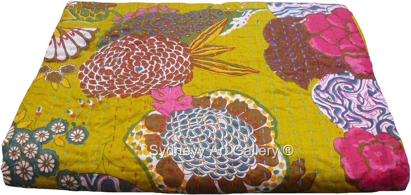 Sydneyy Art Gallery Indian Kantha Quilt, Floral Kantha Rallies, Kantha Bohemian Bedding, Reversible Bedsheet / Bedspread Vintage Ethinic Decor. (King Size)