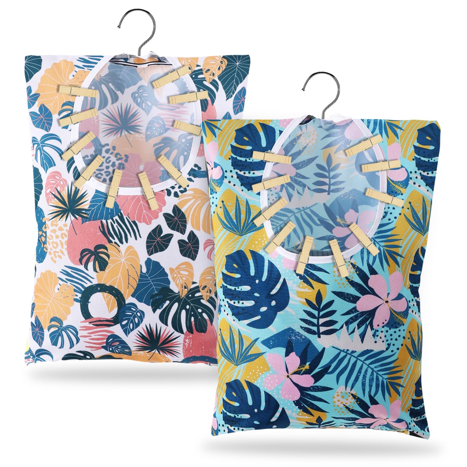 Photo 1 of 2 Pcs Leaves Style Clothespin Bag with Hanging Hook 15 x 11 Inch Leaves Laundry Canvas Clothes Pin Holder Waterproof Clothespin Bag Clothespin Storage Organizer with a Large Opening