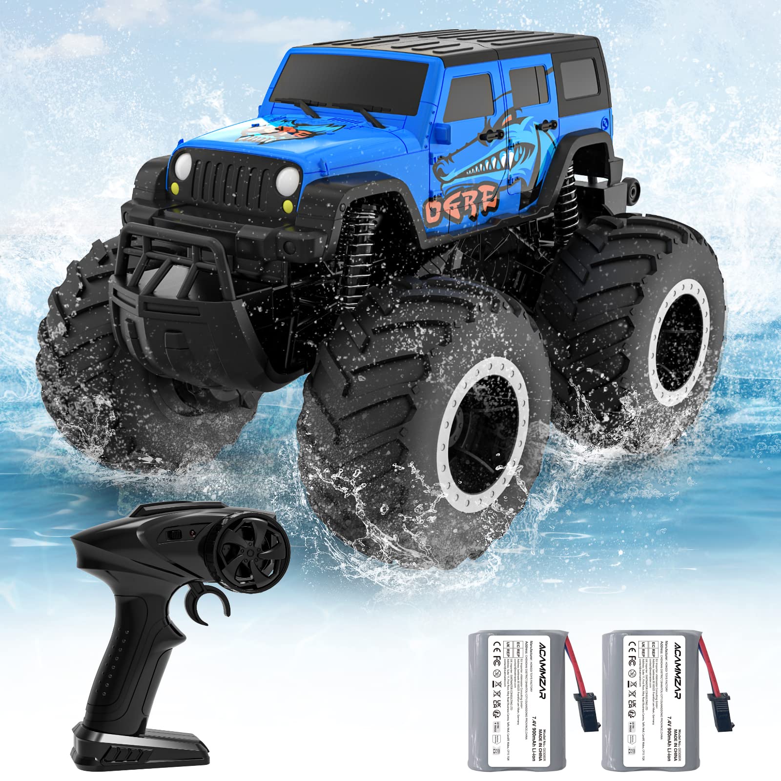 ACAMMZAR 1:16 Amphibious RC Monster Truck, Remote Control Cars for Kids, IPX7 Waterproof 2.4GHz 4WD 360° Rotation, Double Sided RC Car for Boys Girls Gifts, Blue