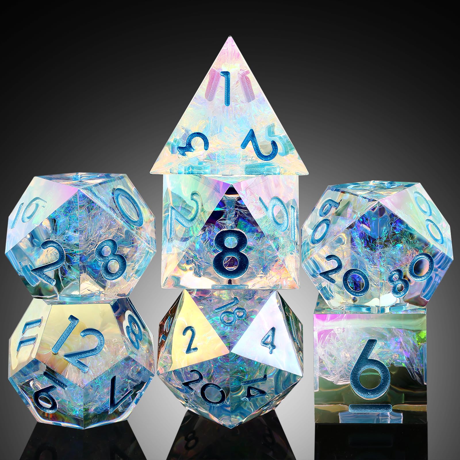 Iridescent Plating Sharp Resin Dice, DNDND 7PCS Handmade DND Sharp Edge Dice with Grogeous Gift Case for Dungeons and Dragon Tabletop Games (Iridescent Plating Transparent) β image 1
