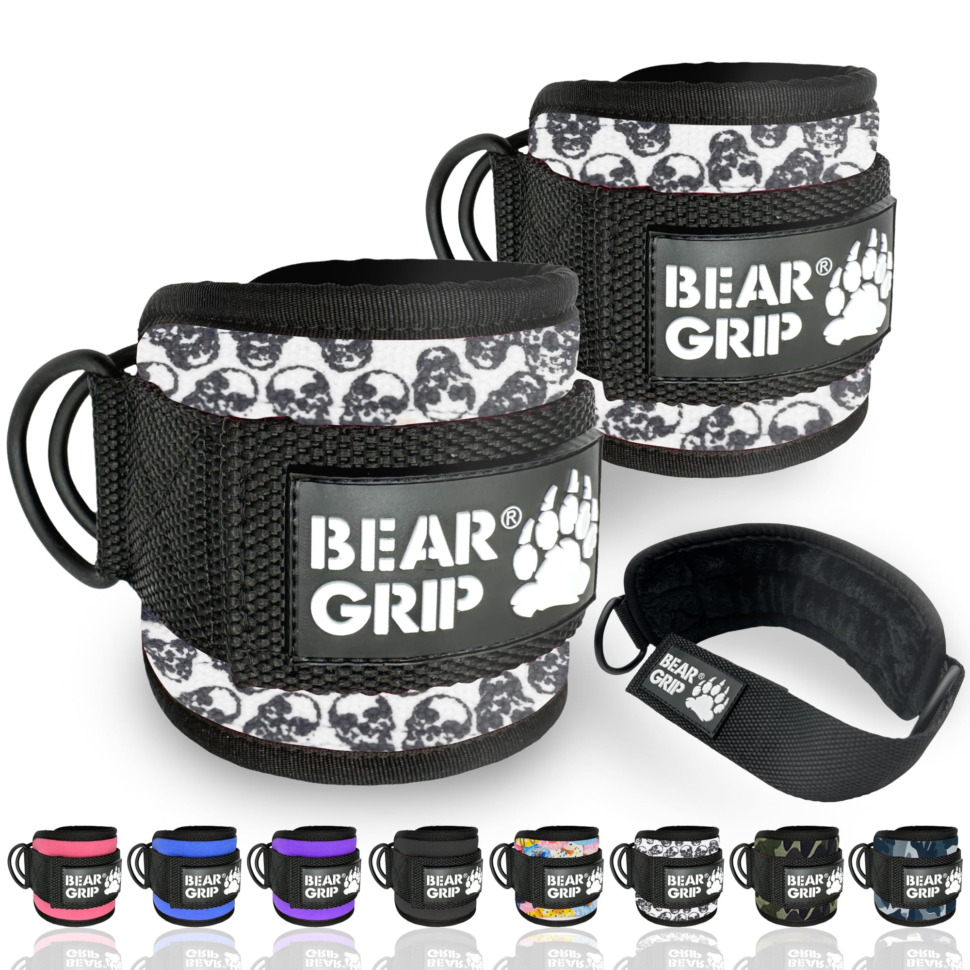 BEAR GRIP - Ankle Straps for Cables with New Fleece Design - Strong Closure, Double Stainless Steel D-Ring, Adjustable Neoprene - For Men & Women (Skull - Pair)