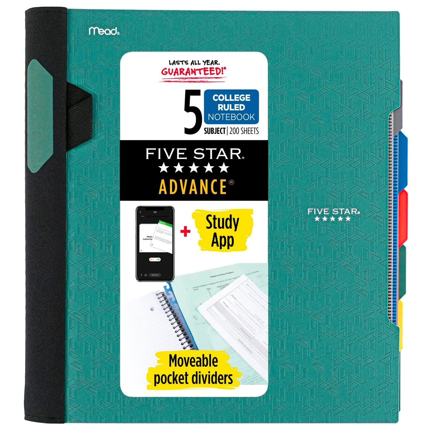Five Star Spiral Notebook + Study App, 5 Subject, College Ruled Paper, Advance Notebook with Spiral Guard, Movable Tabbed Dividers and Expanding Pockets, 8-1/2" x 11", 200 Sheets, Green (73148)
