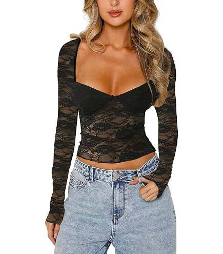 Women Lace Long Sleeve Shirt Top Y2K Slim Fit Crop Top Sexy Lace