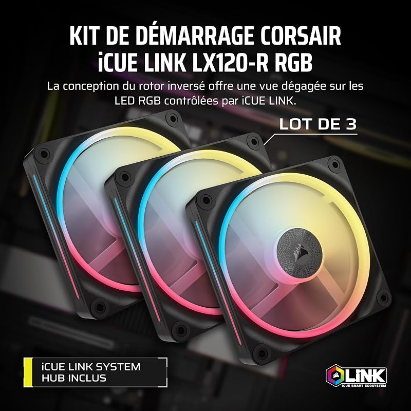 iCUE LINK LX120-R RGB 120mm PWM Ventilateur Inversés – Kit Triple Ventilateur – Faible Bruit, CORSAIR Palier à Dôme Magnétique, Double Boucle Lumineuse, Vis QuikTurn™, Mode Zéro RPM – Noir
