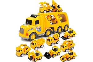 Veslier 9 in 1 Construction Truck Toys for Ages3-6 Years Old,Vehicles with Sounds and Lights in Carrier Truck, Push and Go To