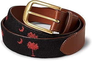 PALMETTO GOLF & BELTS LLC Palmetto Tree Needlepoint Golf Belt, Black South Carolina backdrop with Garnet Palmetto Tree, Handmade
