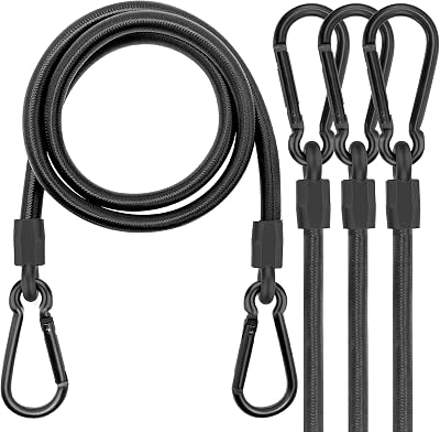 Rugtol 4 Pack 60in Bungee Cords with Carabiner Hooks Heavy Duty Black