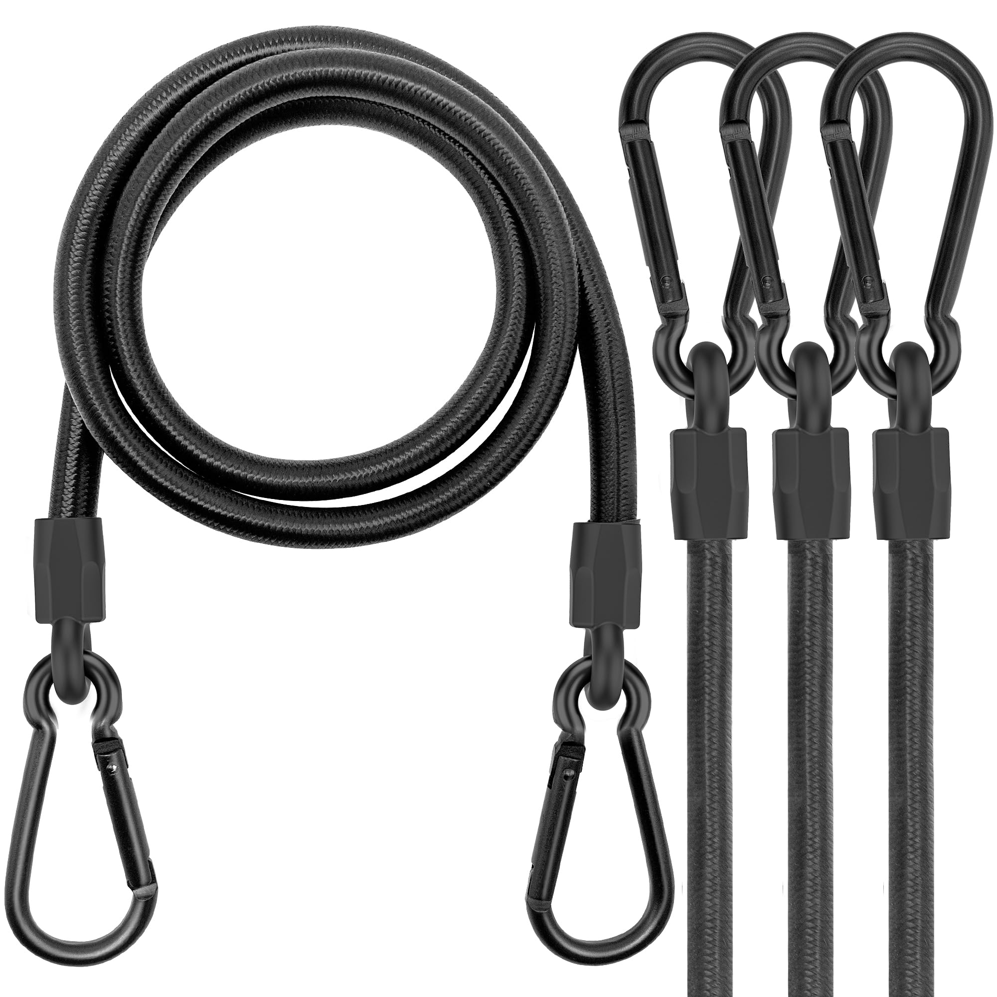 Bungee Cords with Carabiner Clips, 4 Pack Long Heavy Duty Carabiner Bungee Cord 150 cm, Extra Strong Black Bungee Straps with Carabiner Hooks for Camping, Tarps, Bike Rack, Tent, Car
