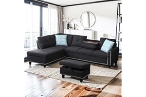 Yehha L-Shaped Sectional Sofa, Rivet Hemming Upholstered Modular Reversible Cup Holder & Storage Ottoman, Comfy Couches for Living Room, Apartment, Dark Grey, Full