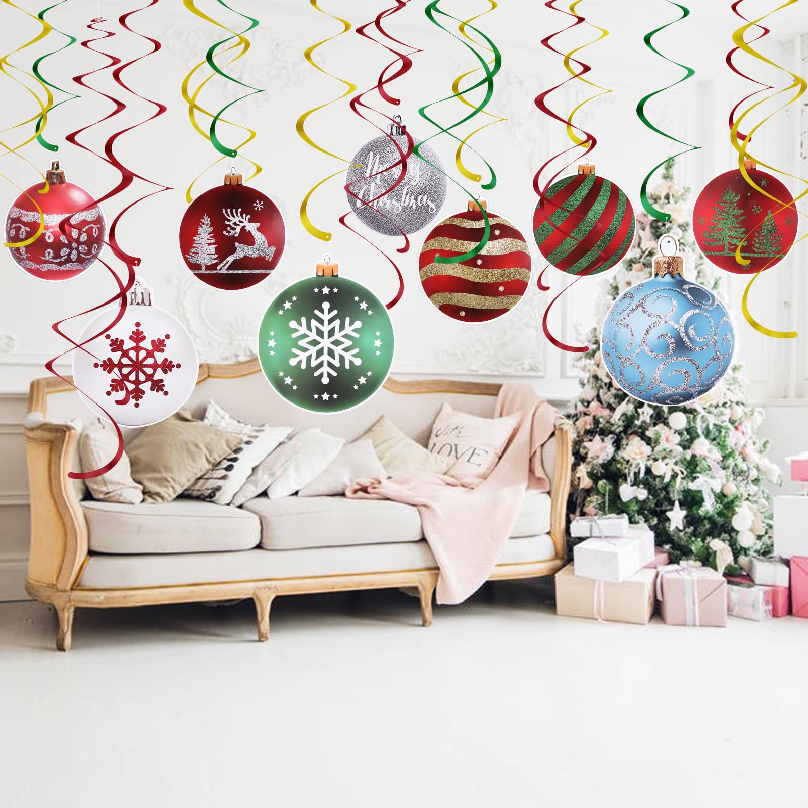 DIYASY Christmas Decorations for Ceiling, 30PCS Christmas Baubles Paper Cutout with Hanging Foil Swirl, Hanging Christmas Ornament for Xmas Indoor Office Decorations