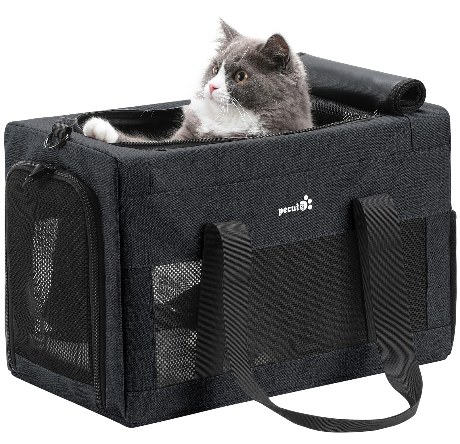 pecute® Cat Carrier Airline Approved, Extra Stable Cat Carrier Handbag, Portable Dog Carrier, Breathable Mesh Fabric Bag for Pets, Pet Carrier Suitable for Both Long And Short Trips Dark Grey