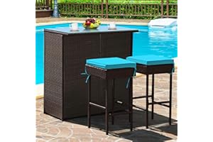 Tangkula Patio Bar Set, 3 Piece Outdoor Rattan Wicker Bar Set with 2 Cushions Stools & Glass Top Table, Outdoor Furniture Set for Patios Backyards Porches Gardens Poolside (Turquoise)