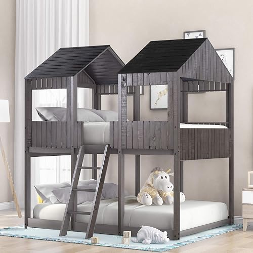 Harper & Bright Designs Full Over Full Wood Bunk Bed with Roof and ...