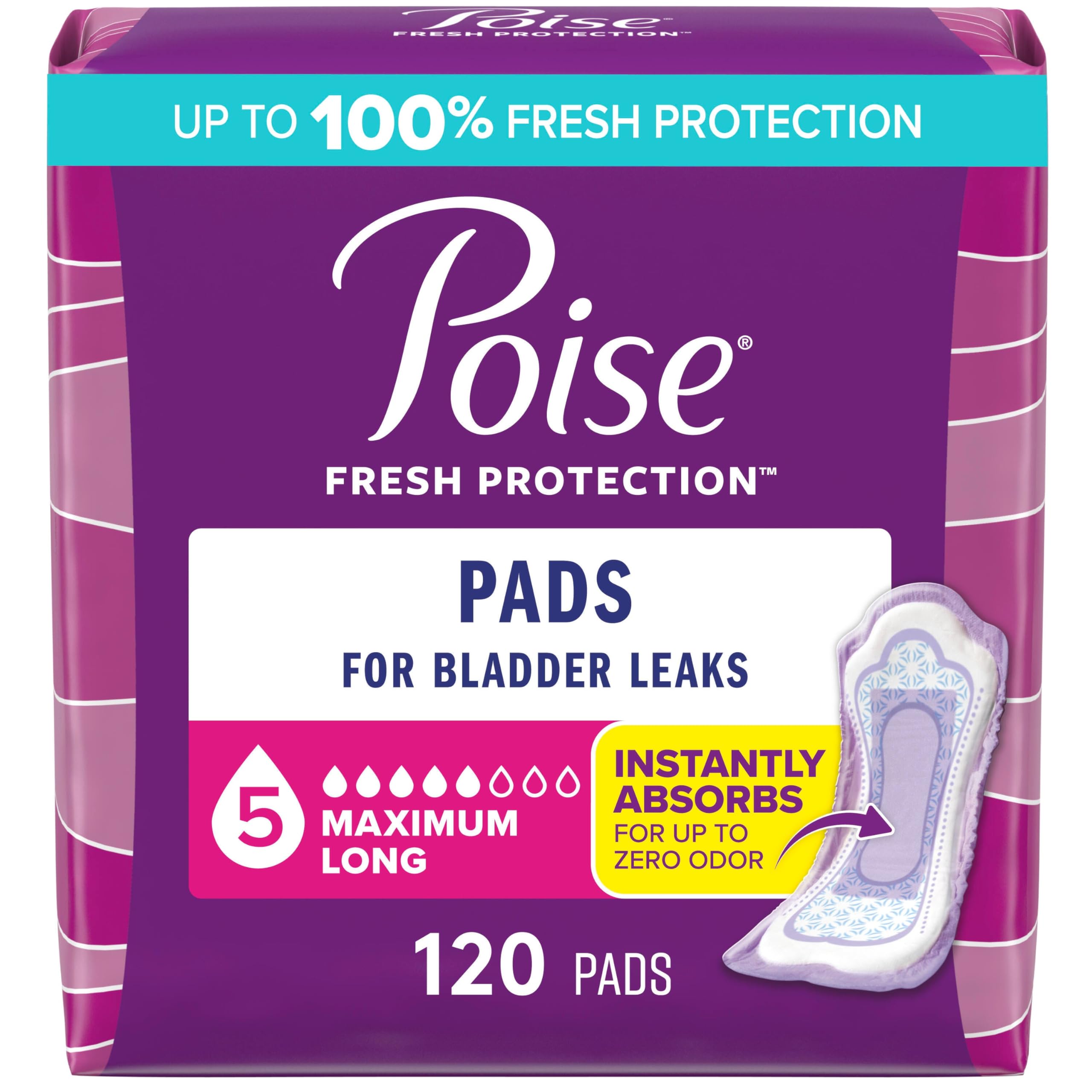 Photo 1 of Poise Incontinence Pads & Postpartum Incontinence Pads, 5 Drop Maximum Absorbency, Long Length, 120 Count (2 Packs of 60), Packaging May Vary