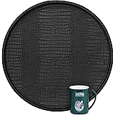 HofferRuffer Round Serving Tray 20'', Elegant Faux Leather Circle Ottoman Table Tray, Serve Tea Coffee Breakfast in Bedroom Living Room Kitchen (Classic Black)
