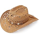 Melesh Straw Cowboy Hat, Western Cowgirl Hat, Wide Brim Sun Beach Hat for Men and Women