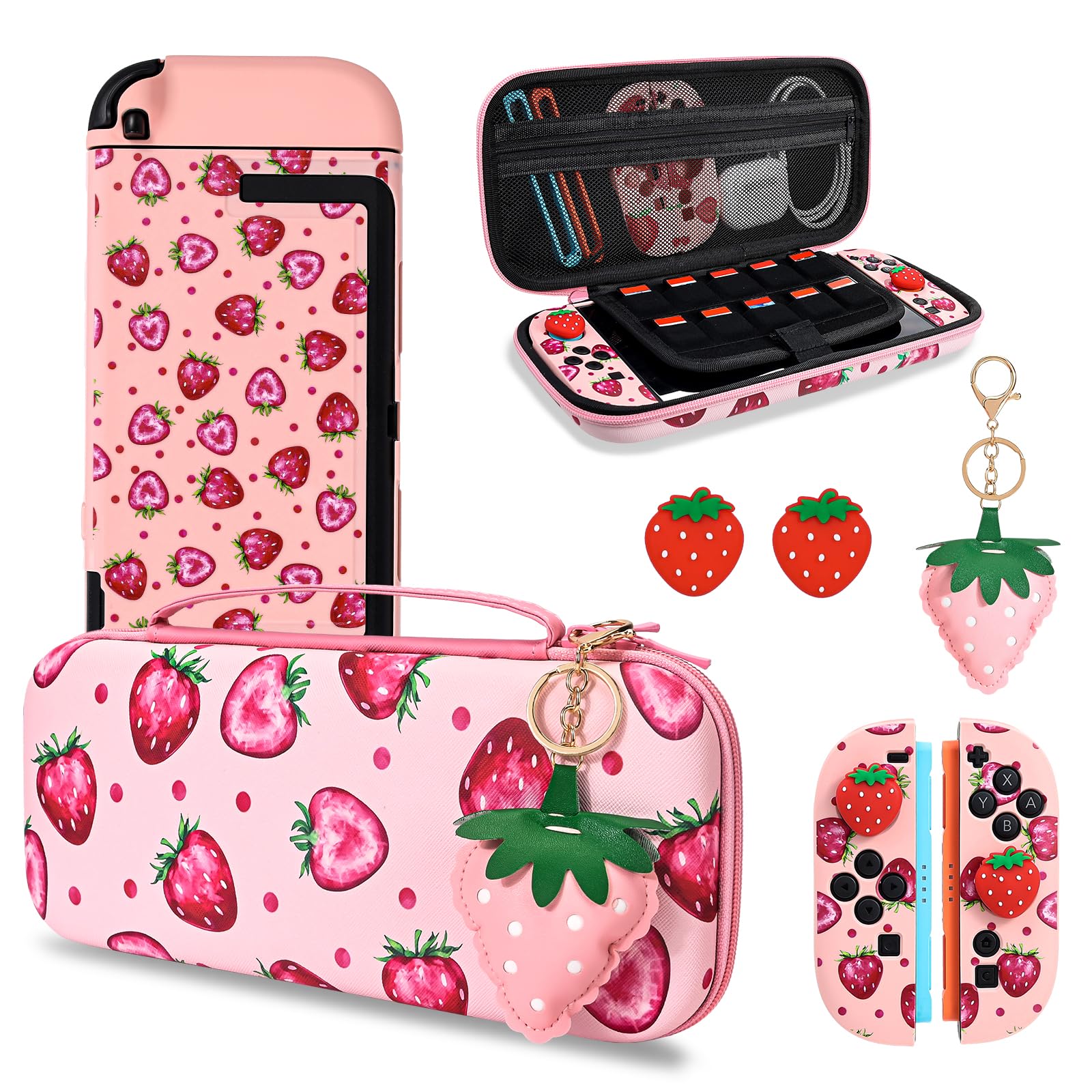 DLseego Storage Carrying Case for Nintendo Switch 2 2025 Accessories Set, 10 Game Card Slots Cute Protective,1 Hard PC Case, 1PC Decorative Pendant, 2 Thumb Grips, Slim & Portable,Strawberry - Pink 1
