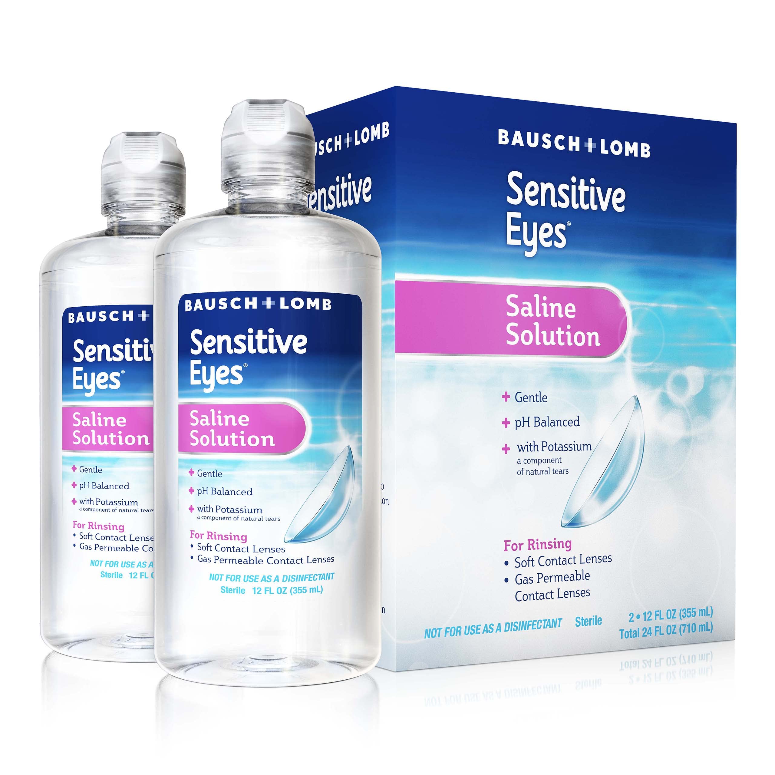 Photo 1 of Bausch + Lomb Sensitive Eyes Saline Solution, Gentle Daily Rinse for Soft & Gas Permeable Contact Lenses, with Potassium, 12 Fl Oz (Pack of 2)