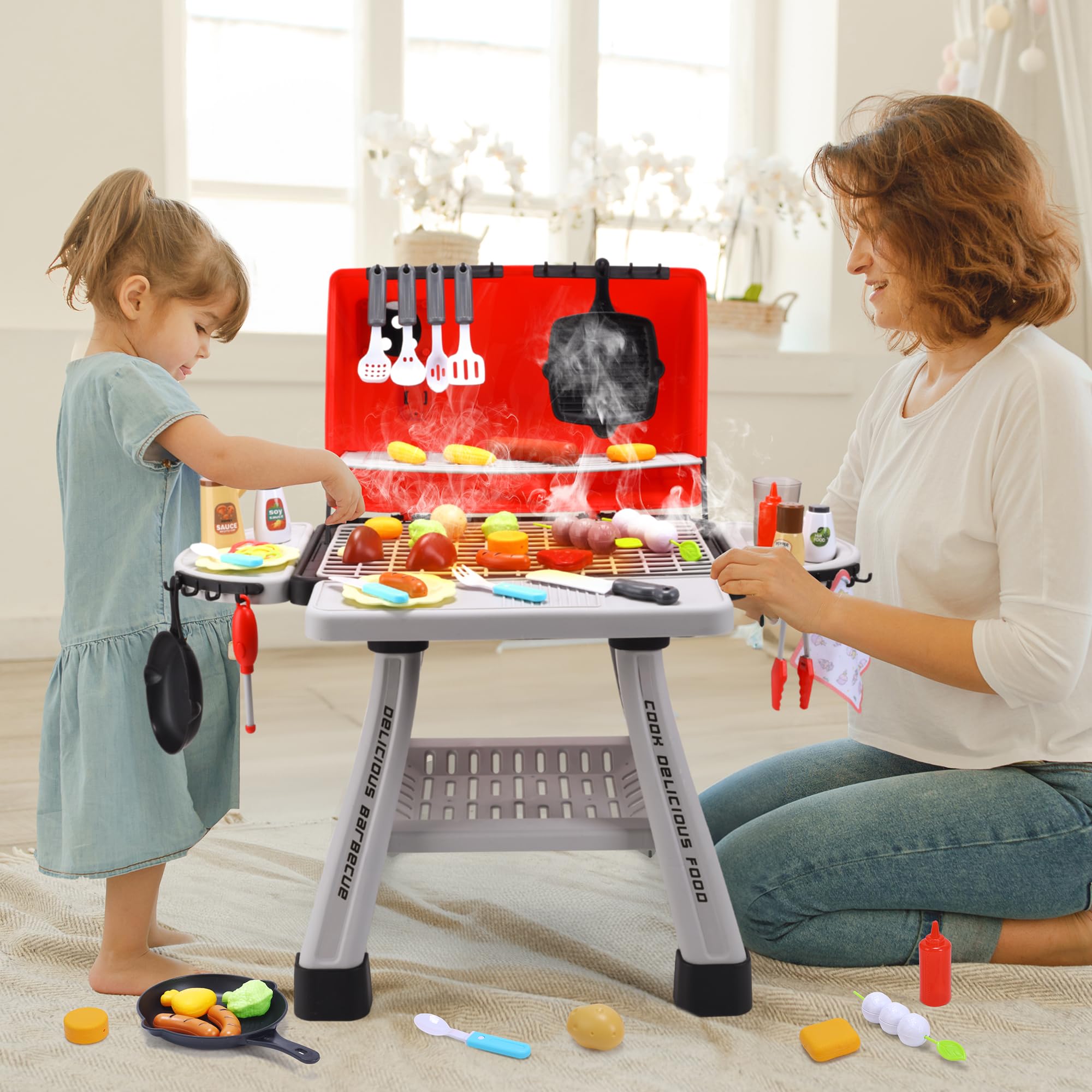 CUTE STONE Kinder BBQ Grill Spielzeug, Küche Spielzeug Set, Realistische Rauch BBQ Grill Spielset mit Spielzeug Küche Zubehör,Barbecue per Bambini Rosa 7
