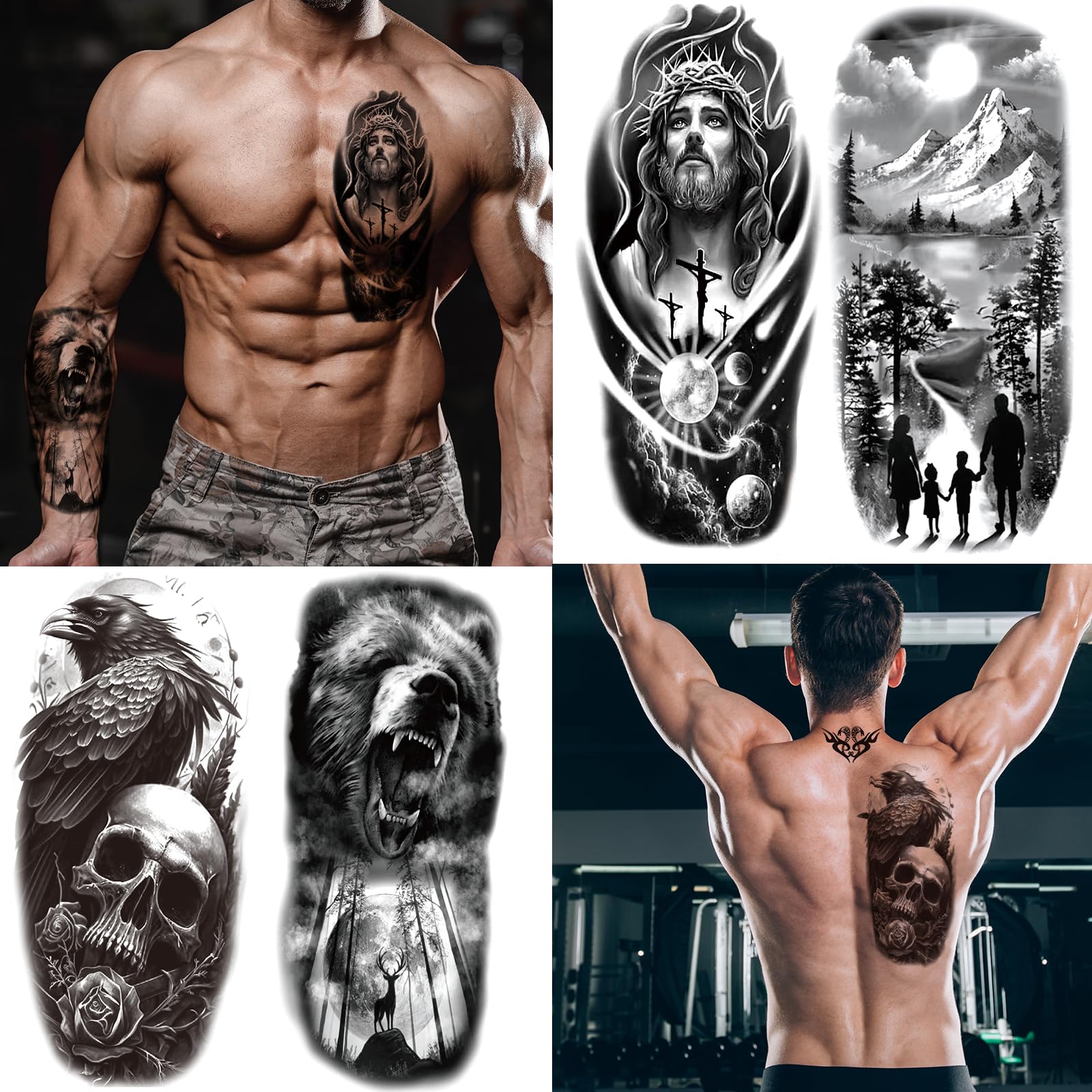 Zomme 82 Sheets Temporary Tattoos Stickers, Fake Body Arm Chest Shoulder Tattoos for Men and Women, Halloween Temporary Tattoos Black Fake Skull Skeleton Tattoos for Halloween Cosplay